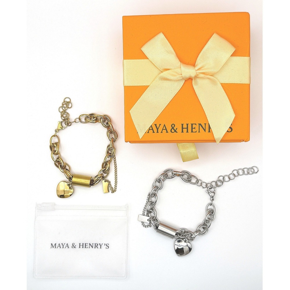 2 Stainless Steel Chunky Heart Charm Link Bracelets Gold Silver